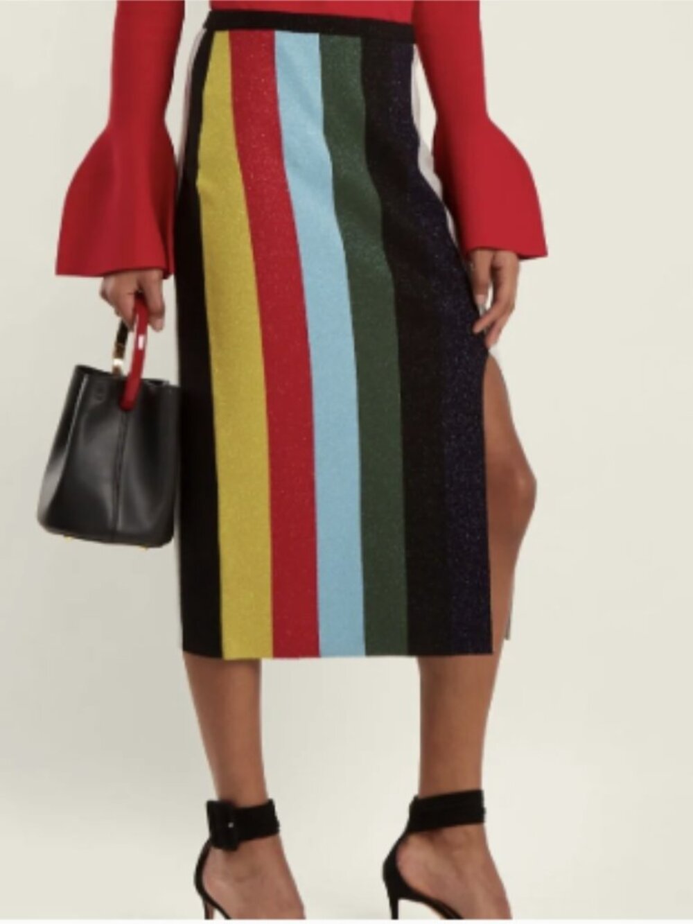 Diane Von Furstenberg Merino Wool Blend Metallic Knit Stripe Midi Skirt P/0-2